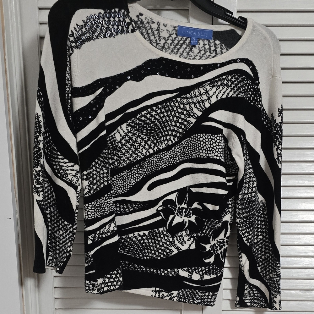 971 Linea Blu Women's Black & White Sequin Accent Knit Top 3/4 Raglan Sleeve Sm